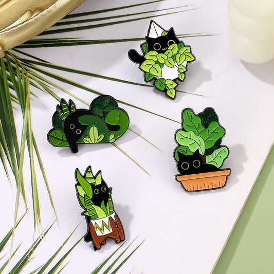 Cute Black Cat & Plant Enamel Pin