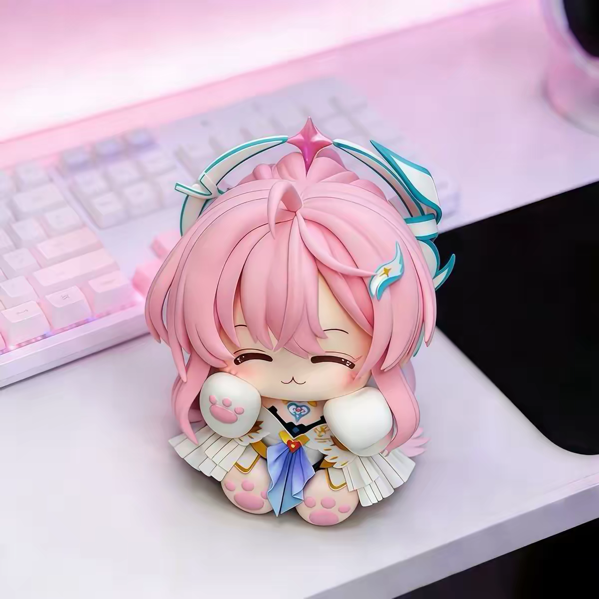 Honkai Star Rail March 7th Chibi Cat Sitting Figure 8cm Pink Hair Teal Halo Paw Gloves Desk Ornament Gift
