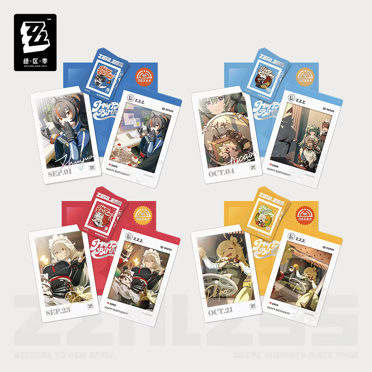 Zenless Zone Zero Official HB2U Birthday Momento Set Vol.1 4 Characters Von Lycaon Zhu Yuan Rina Piper Polaroid Card Stamp Sticker