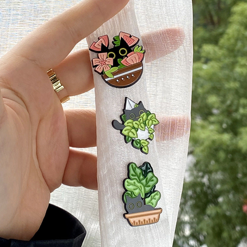 Cute Black Cat & Plant Enamel Pin