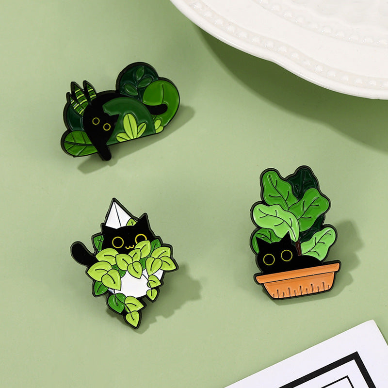 Cute Black Cat & Plant Enamel Pin