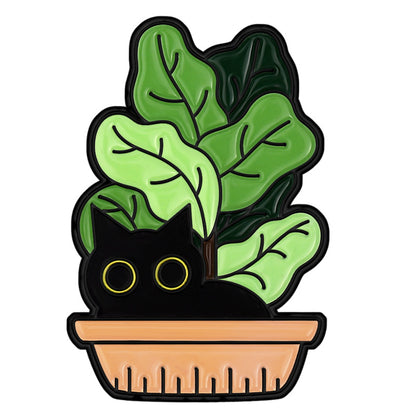 Cute Black Cat & Plant Enamel Pin