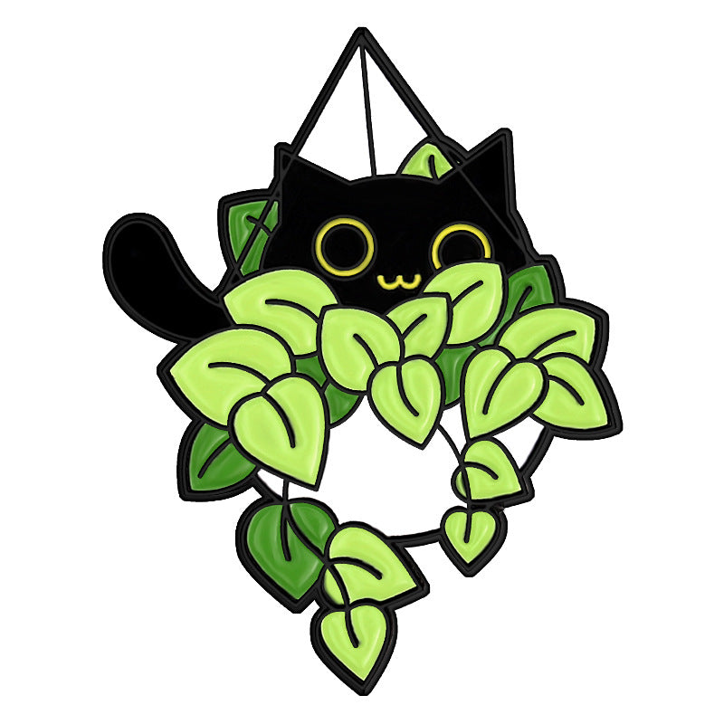 Cute Black Cat & Plant Enamel Pin