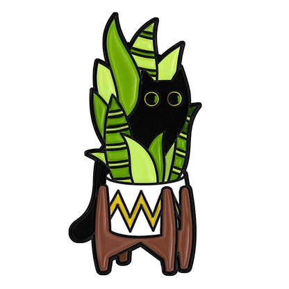 Cute Black Cat & Plant Enamel Pin