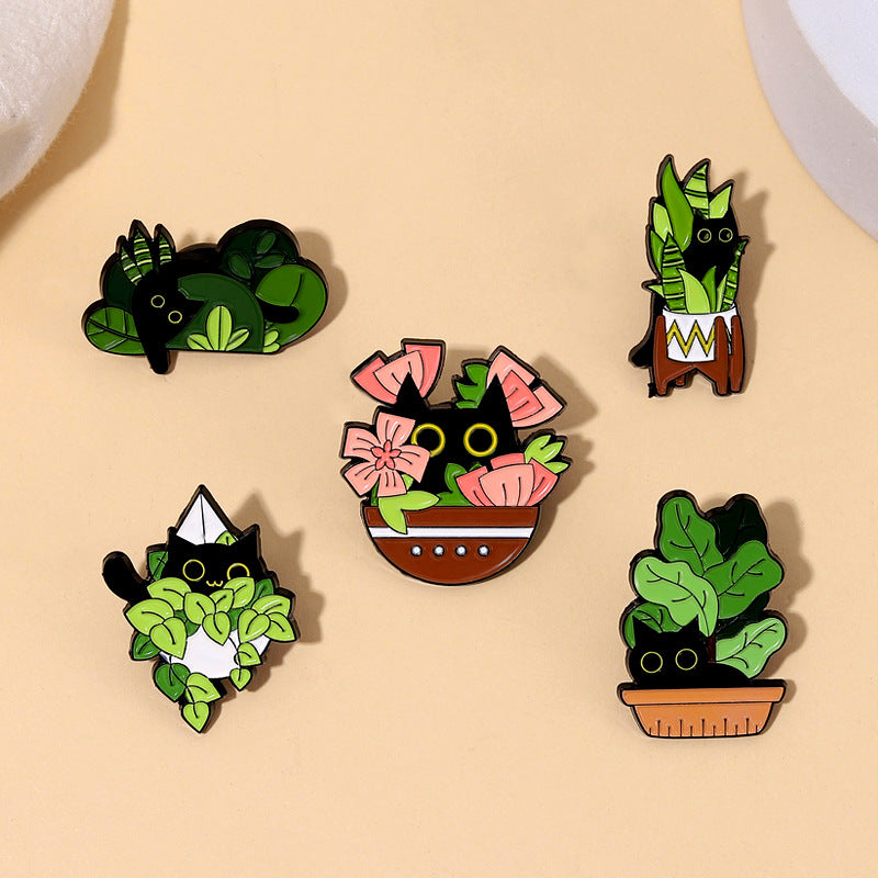 Cute Black Cat & Plant Enamel Pin