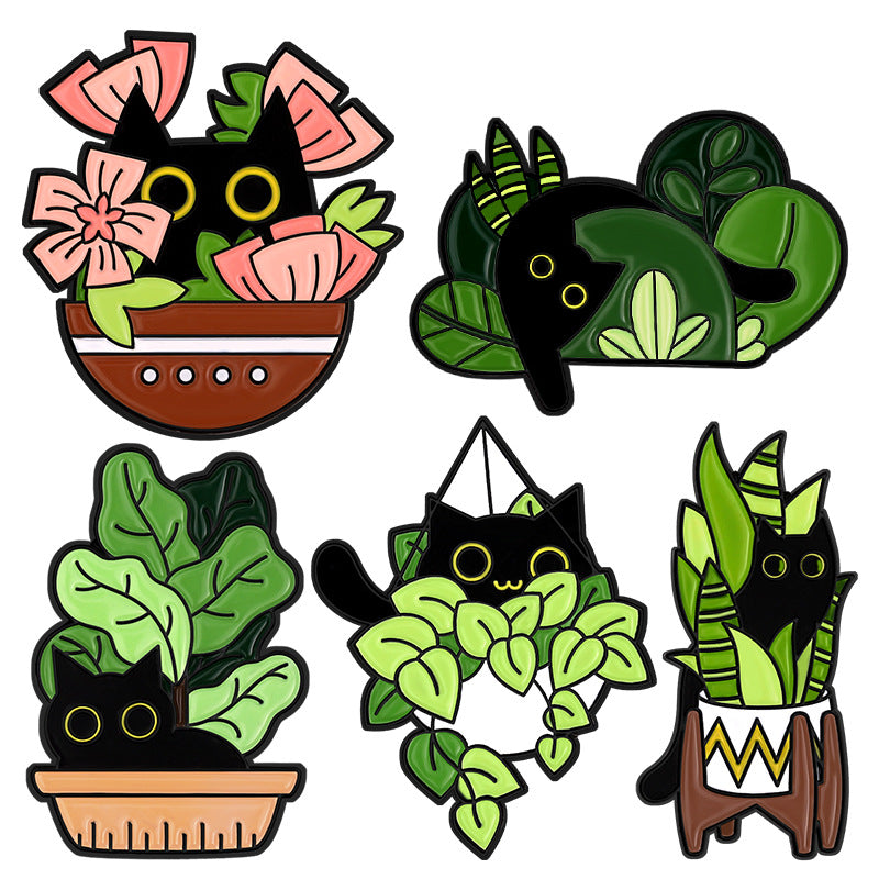 Cute Black Cat & Plant Enamel Pin