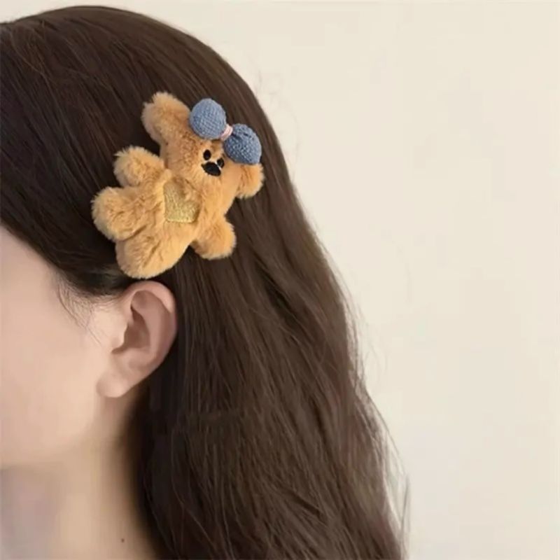Korean Plush Teddy Bear Bow Hair Clips 3pcs