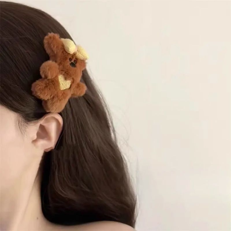 Korean Plush Teddy Bear Bow Hair Clips 3pcs