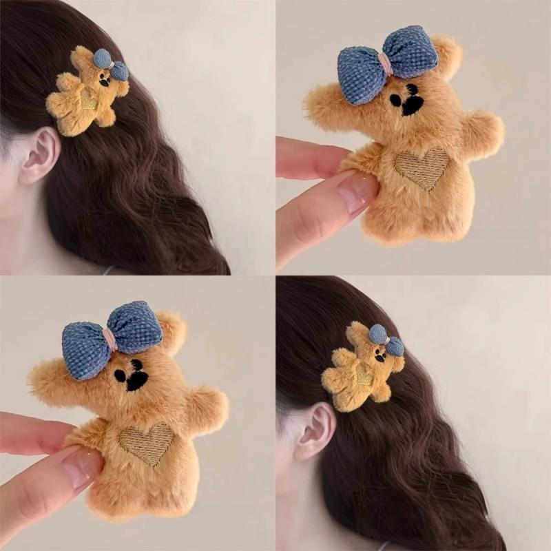 Korean Plush Teddy Bear Bow Hair Clips 3pcs