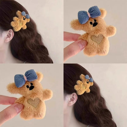 Korean Plush Teddy Bear Bow Hair Clips 3pcs