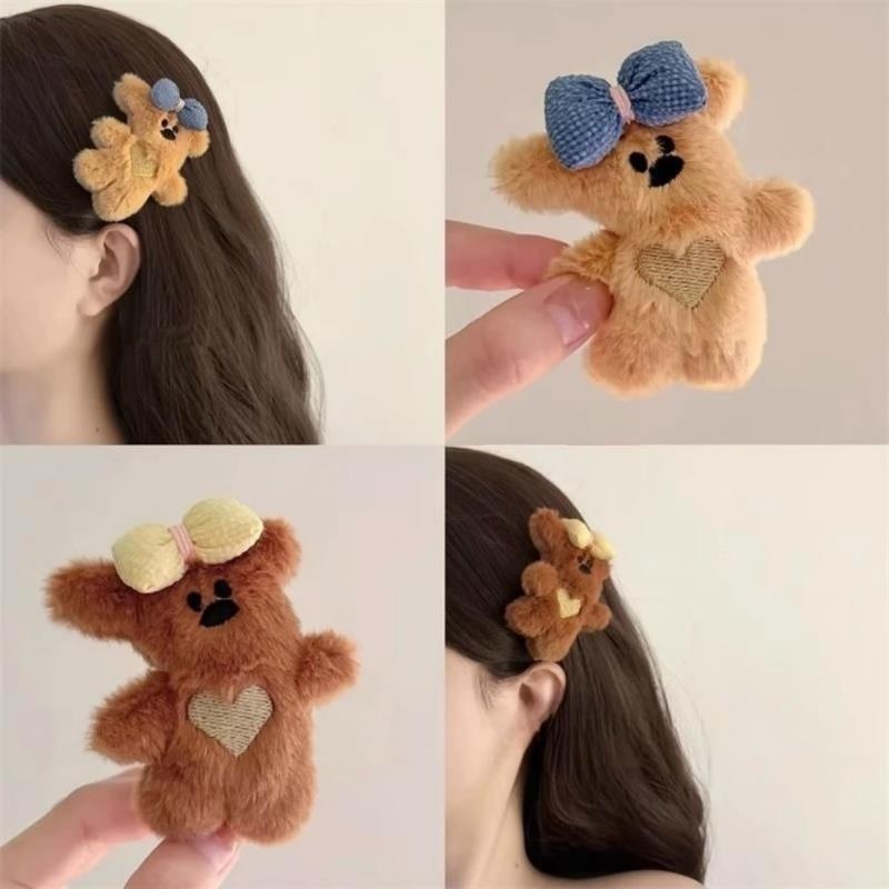 Korean Plush Teddy Bear Bow Hair Clips 3pcs