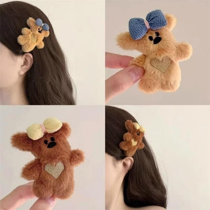Korean Plush Teddy Bear Bow Hair Clips 3pcs