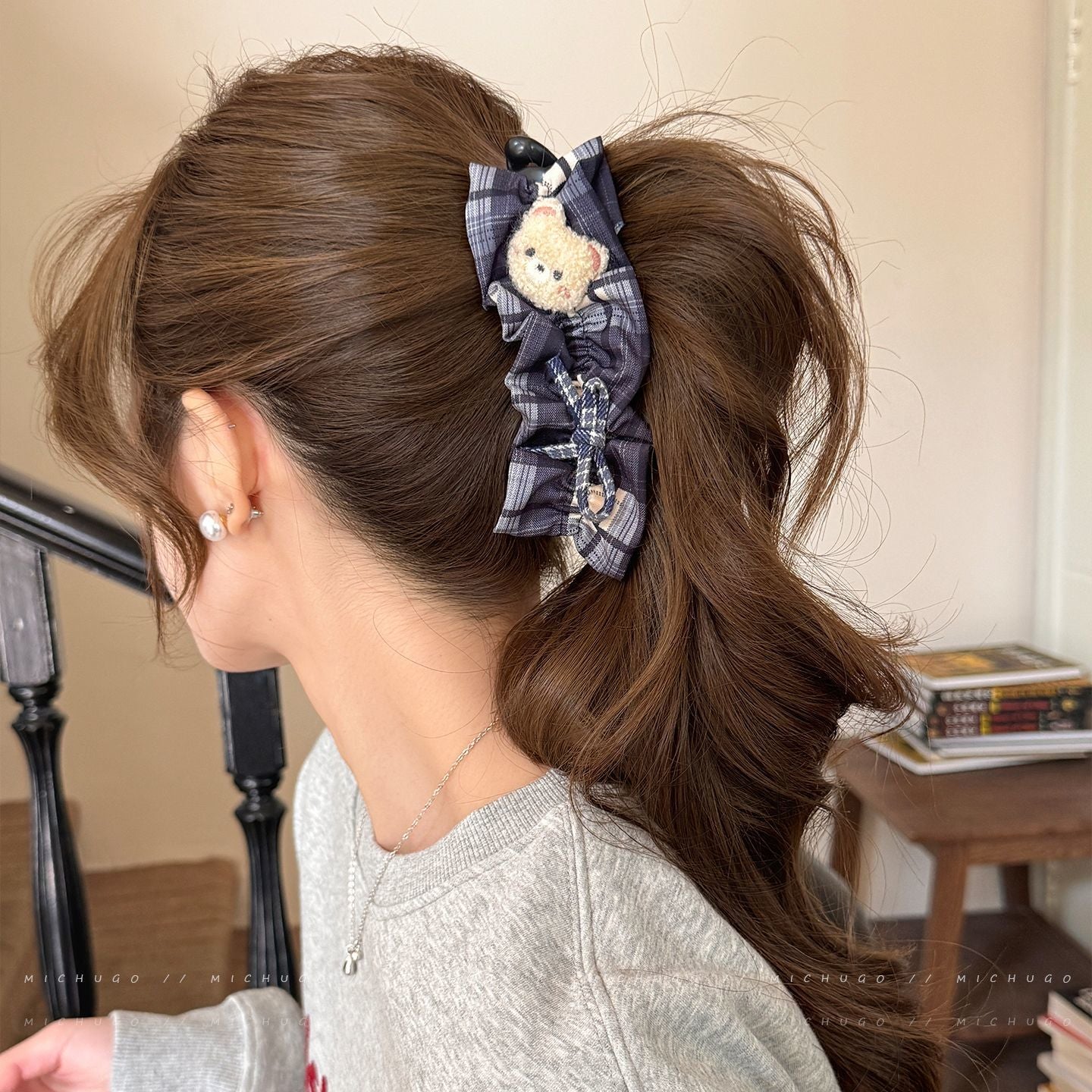 Cute Plush Bear Plaid Banana Clip Korean Ponytail Updo Hair Claw 2-Color Set