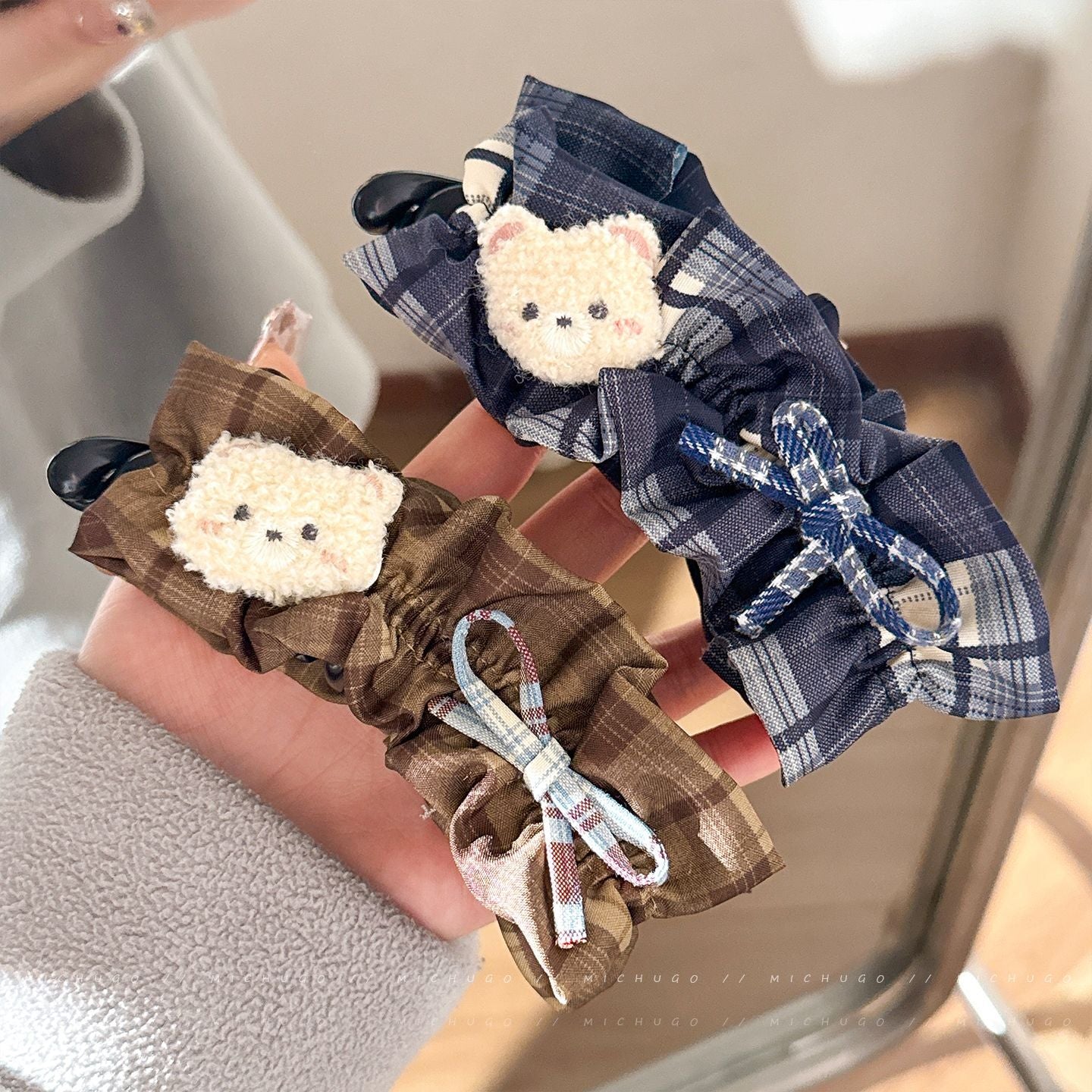 Cute Plush Bear Plaid Banana Clip Korean Ponytail Updo Hair Claw 2-Color Set