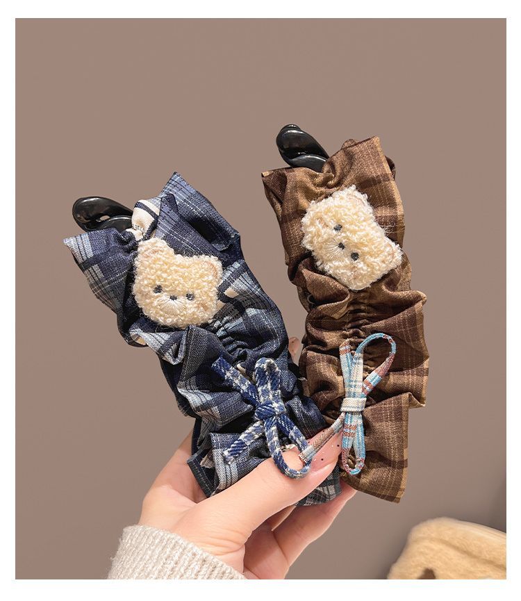 Cute Plush Bear Plaid Banana Clip Korean Ponytail Updo Hair Claw 2-Color Set