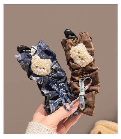 Cute Plush Bear Plaid Banana Clip Korean Ponytail Updo Hair Claw 2-Color Set
