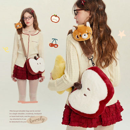 Cute Red Panda Apple Plush Crossbody Bag Lolita Kawaii Shoulder Bag with Detachable Plush Toy