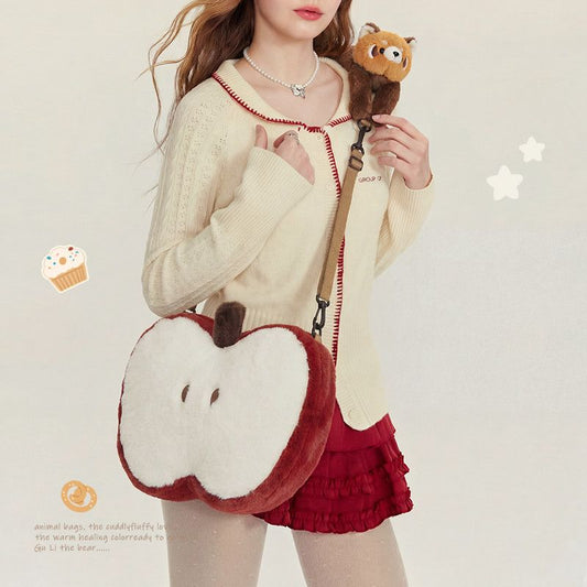 Cute Red Panda Apple Plush Crossbody Bag Lolita Kawaii Shoulder Bag with Detachable Plush Toy