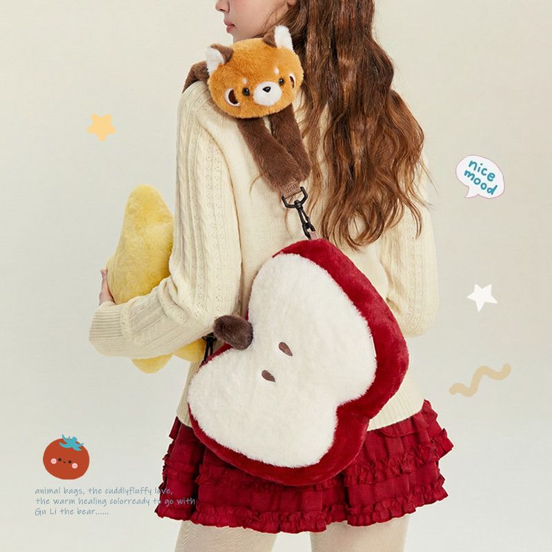 Cute Red Panda Apple Plush Crossbody Bag Lolita Kawaii Shoulder Bag with Detachable Plush Toy