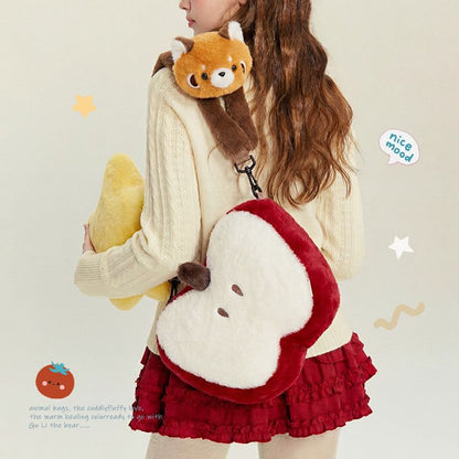 Cute Red Panda Apple Plush Crossbody Bag Lolita Kawaii Shoulder Bag with Detachable Plush Toy