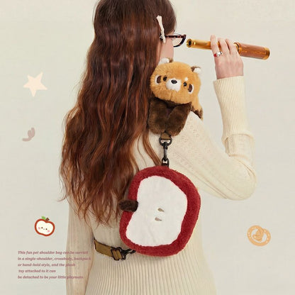 Cute Red Panda Apple Plush Crossbody Bag Lolita Kawaii Shoulder Bag with Detachable Plush Toy