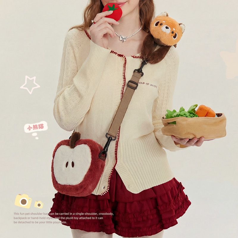 Cute Red Panda Apple Plush Crossbody Bag Lolita Kawaii Shoulder Bag with Detachable Plush Toy