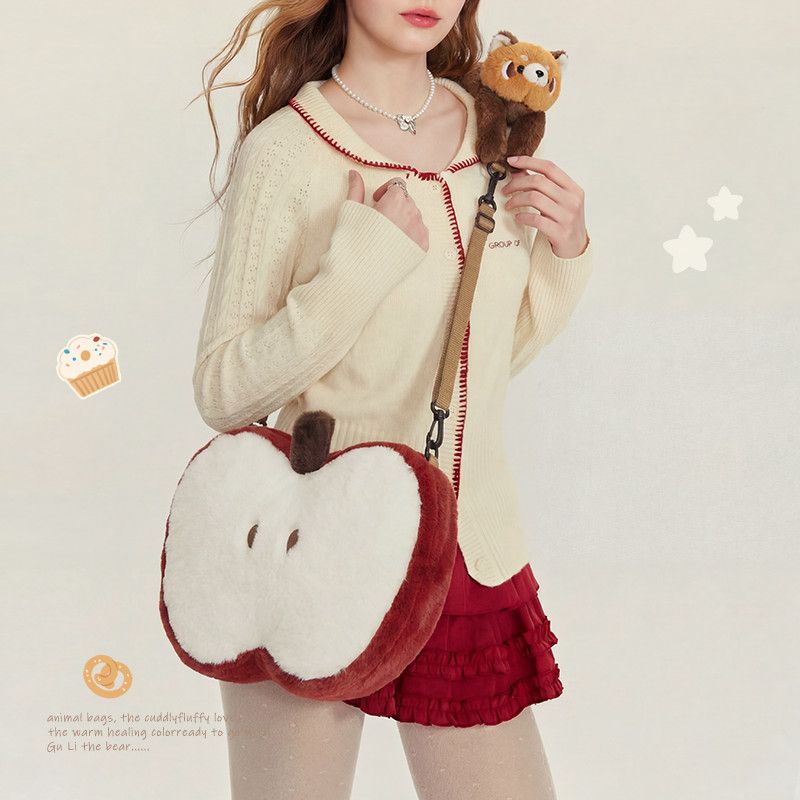 Cute Red Panda Apple Plush Crossbody Bag Lolita Kawaii Shoulder Bag with Detachable Plush Toy