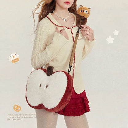 Cute Red Panda Apple Plush Crossbody Bag Lolita Kawaii Shoulder Bag with Detachable Plush Toy