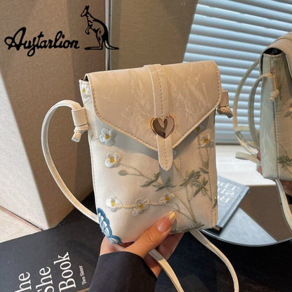 Augtarlion Chinese Embroidery Floral Butterfly Crossbody Phone Bag Gold Heart Clasp Shoulder Bag