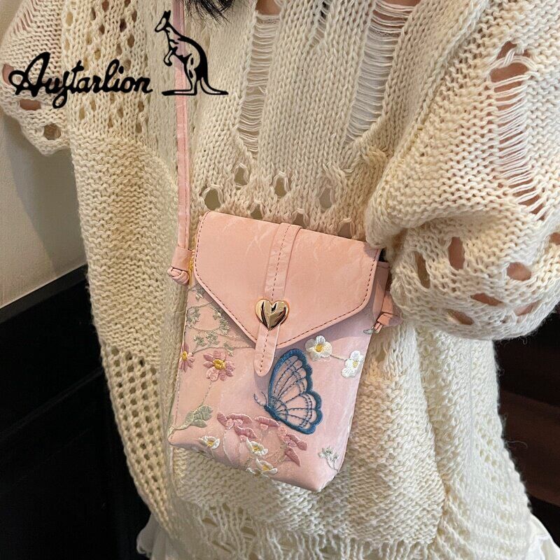 Augtarlion Chinese Embroidery Floral Butterfly Crossbody Phone Bag Gold Heart Clasp Shoulder Bag