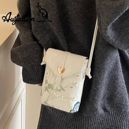 Augtarlion Chinese Embroidery Floral Butterfly Crossbody Phone Bag Gold Heart Clasp Shoulder Bag