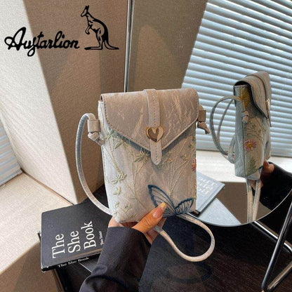 Augtarlion Chinese Embroidery Floral Butterfly Crossbody Phone Bag Gold Heart Clasp Shoulder Bag