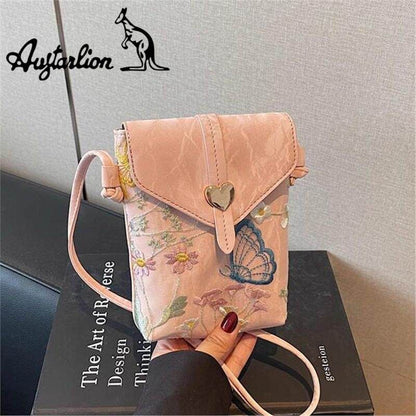 Augtarlion Chinese Embroidery Floral Butterfly Crossbody Phone Bag Gold Heart Clasp Shoulder Bag