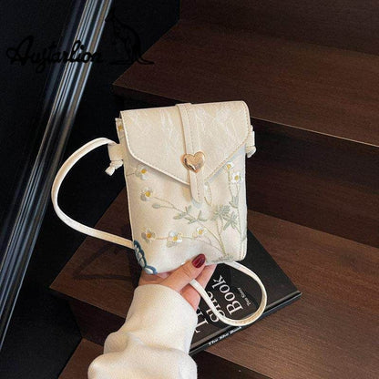 Augtarlion Chinese Embroidery Floral Butterfly Crossbody Phone Bag Gold Heart Clasp Shoulder Bag