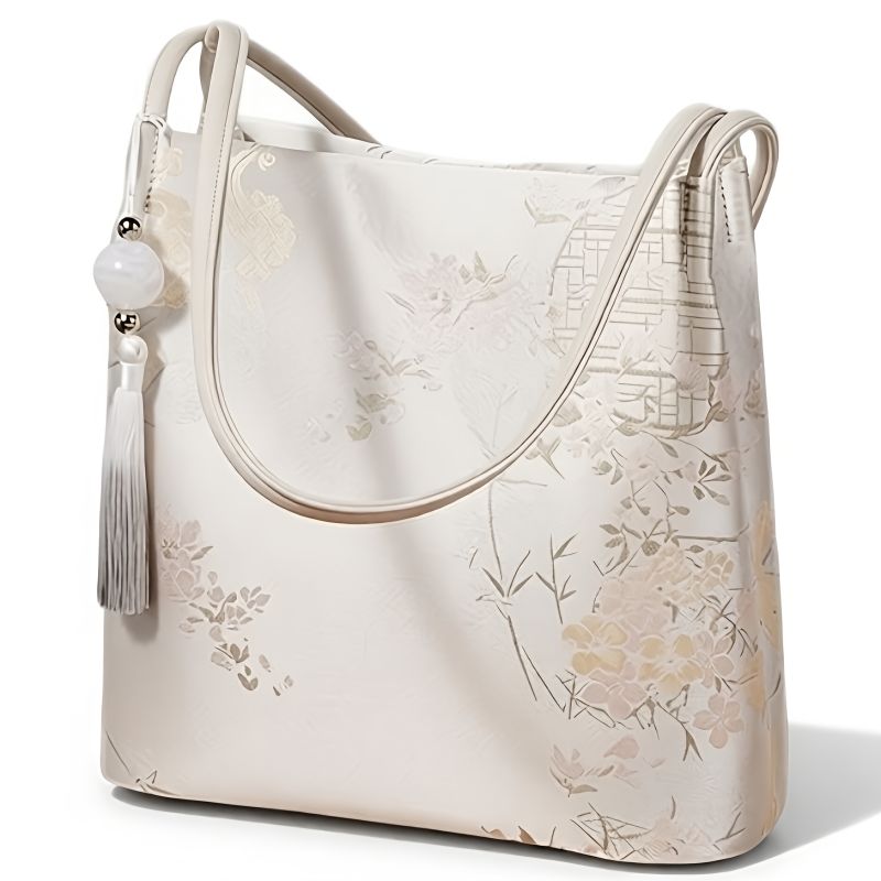 Foxer New Chinese Style Large Capacity Bucket Tote Shoulder Bag Ivory Jacquard Floral Bamboo Tassel Charm