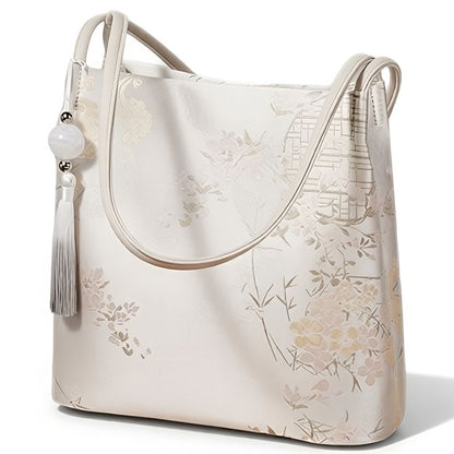 Foxer New Chinese Style Large Capacity Bucket Tote Shoulder Bag Ivory Jacquard Floral Bamboo Tassel Charm