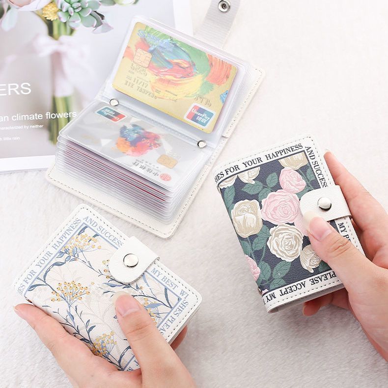 Floral Oil Painting Print Large Capacity Card Holder Wallet Anti-Demagnetization 20 Slots Snap Closure