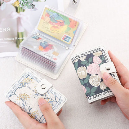 Floral Oil Painting Print Large Capacity Card Holder Wallet Anti-Demagnetization 20 Slots Snap Closure
