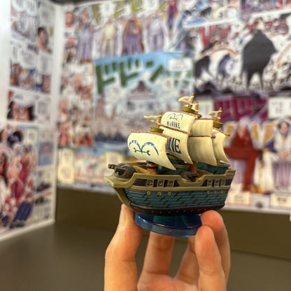 One Piece Marine Warship Miniature Ship Collection Figure 6cm Blue Hull White MARINE Sail Gold Mast