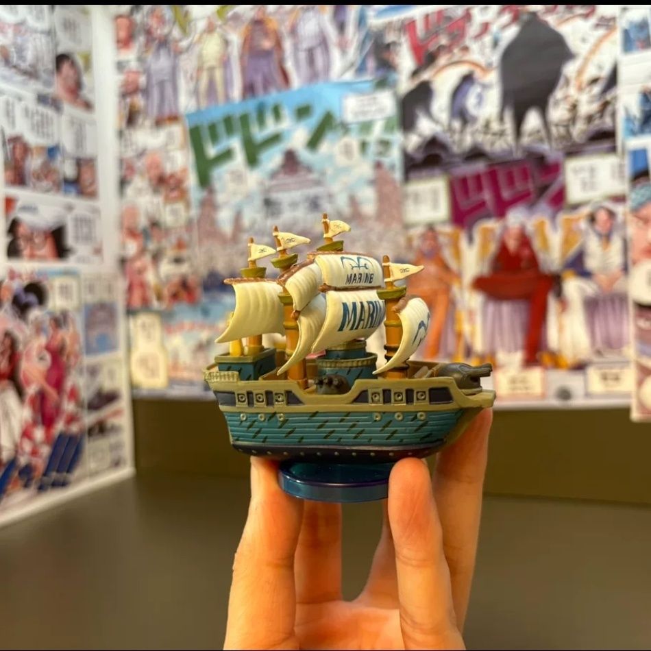 One Piece Marine Warship Miniature Ship Collection Figure 6cm Blue Hull White MARINE Sail Gold Mast
