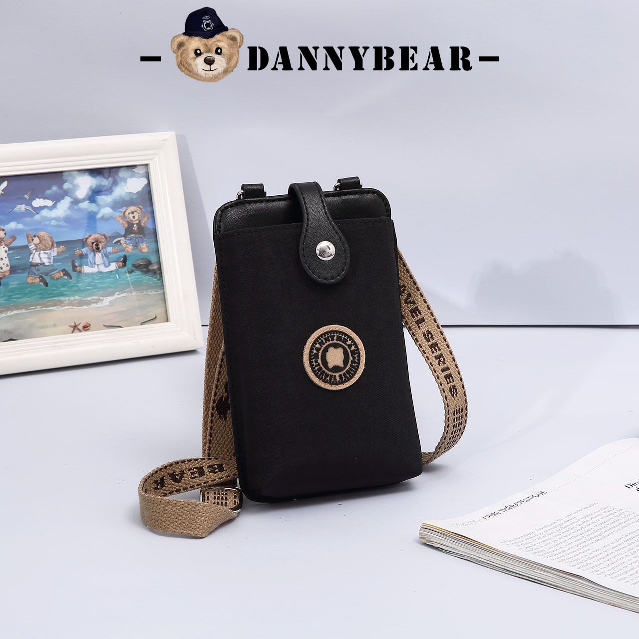 Danny Bear Mini Crossbody Phone Bag Canvas Casual Lightweight Unisex Purse