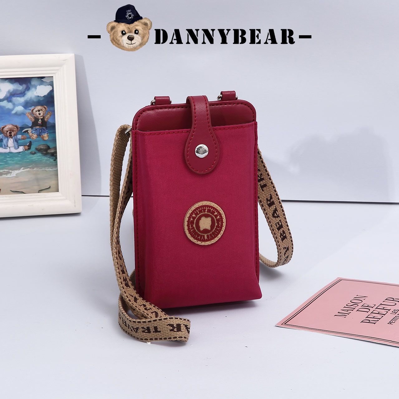 Danny Bear Mini Crossbody Phone Bag Canvas Casual Lightweight Unisex Purse