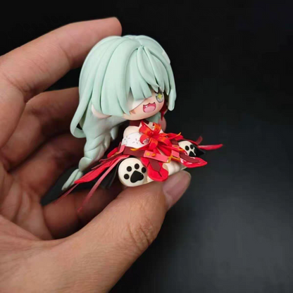 Wuthering Waves Flororo Mini Chibi Sitting Figure Mint Hair Red Ribbon Kimono Paw Boots Palm Size Desk Ornament