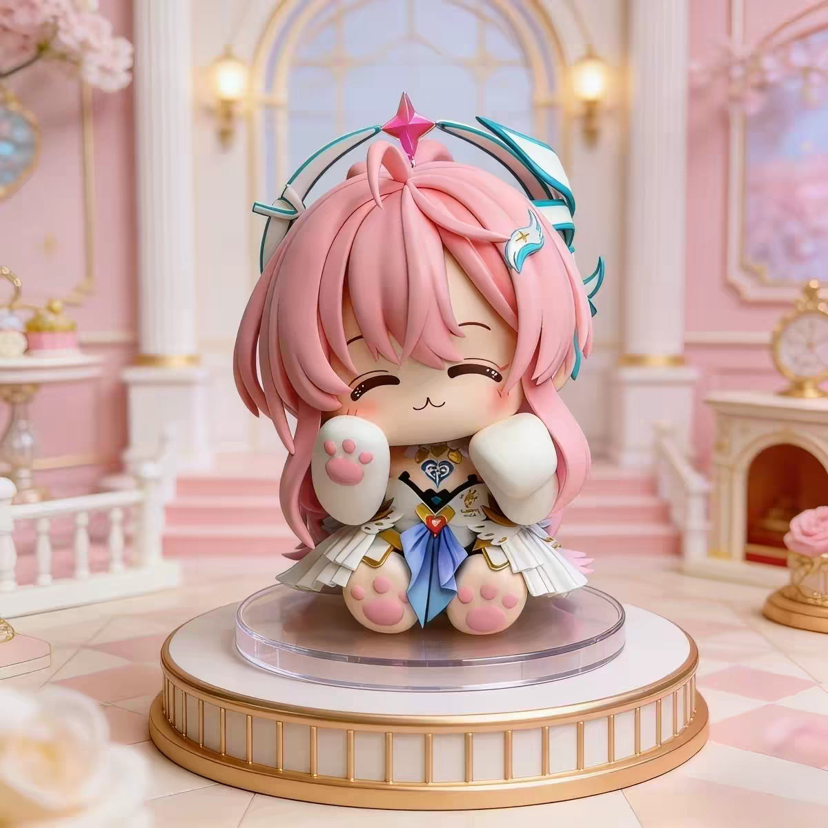 Honkai Star Rail March 7th Chibi Cat Sitting Figure 8cm Pink Hair Teal Halo Paw Gloves Desk Ornament Gift