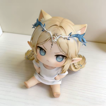 Genshin Impact Kachina Chibi Cat Ears Crawling Figure Cream Hair Blue Thorn Star Crown Twin Braids Desk Ornament Gift