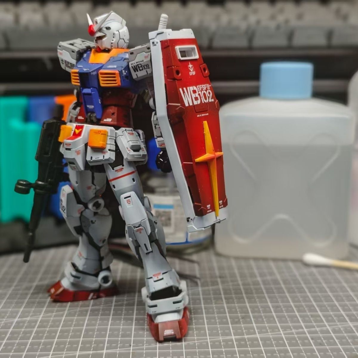 Bandai RG 1/144 RX-78-2 Gundam Built & Panel-Shaded Painted Finished Model with Shield Rifle WB102 Decals