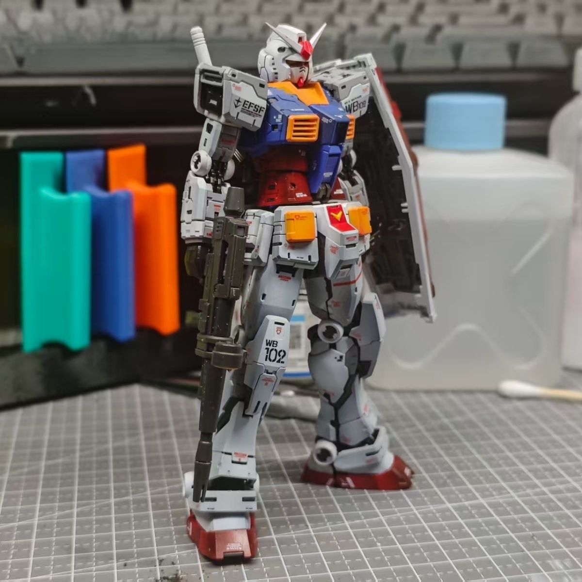 Bandai RG 1/144 RX-78-2 Gundam Built & Panel-Shaded Painted Finished Model with Shield Rifle WB102 Decals