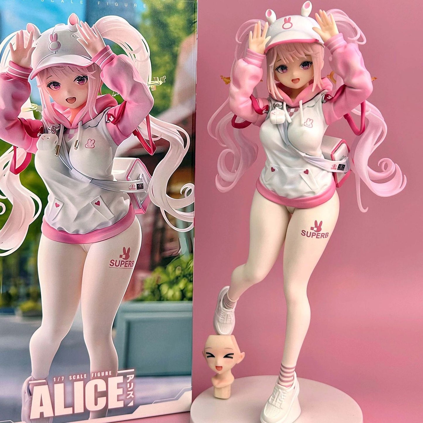 Alice Sweet Home Premium Ver Pink Bunny Hoodie Streetwear PVC Statue Figure with 2 Face Plates & Bag
