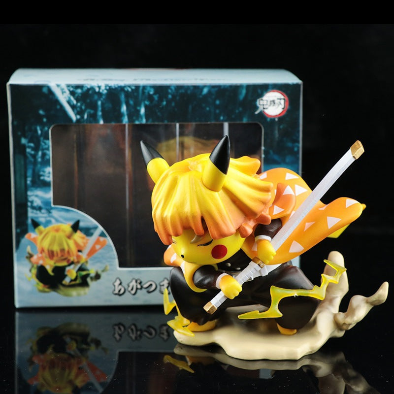 Pikachu Cosplay Zenitsu Demon Slayer Crossover Chibi Figure Thunder Breathing Lightning Base