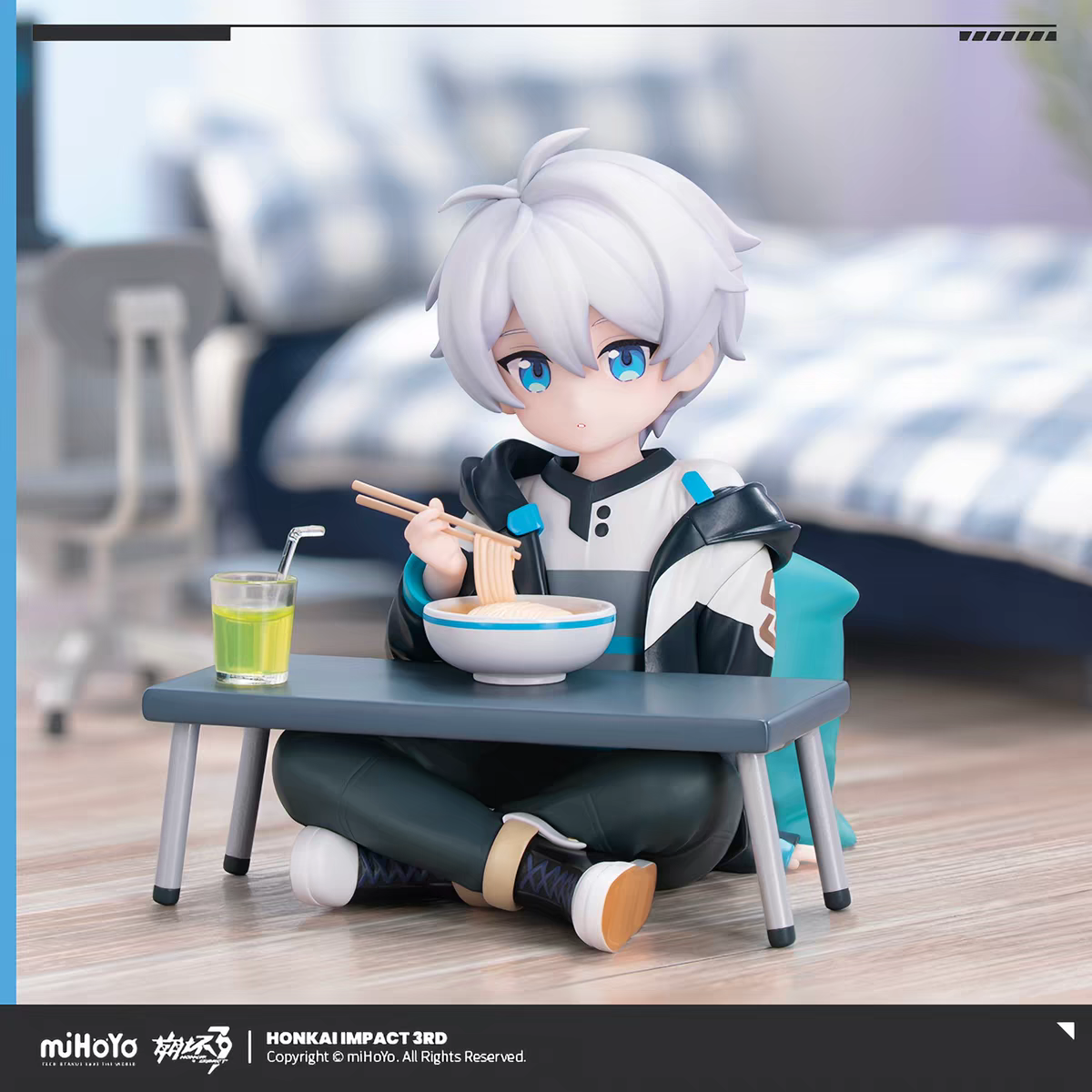 Honkai Impact 3rd Kevin Kaslana chibi figure - full body front view eating ramen at low table